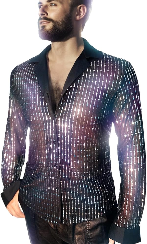 Mens Mesh Sequins See Through 70s Disco Long Sleeve Button Down Shirts