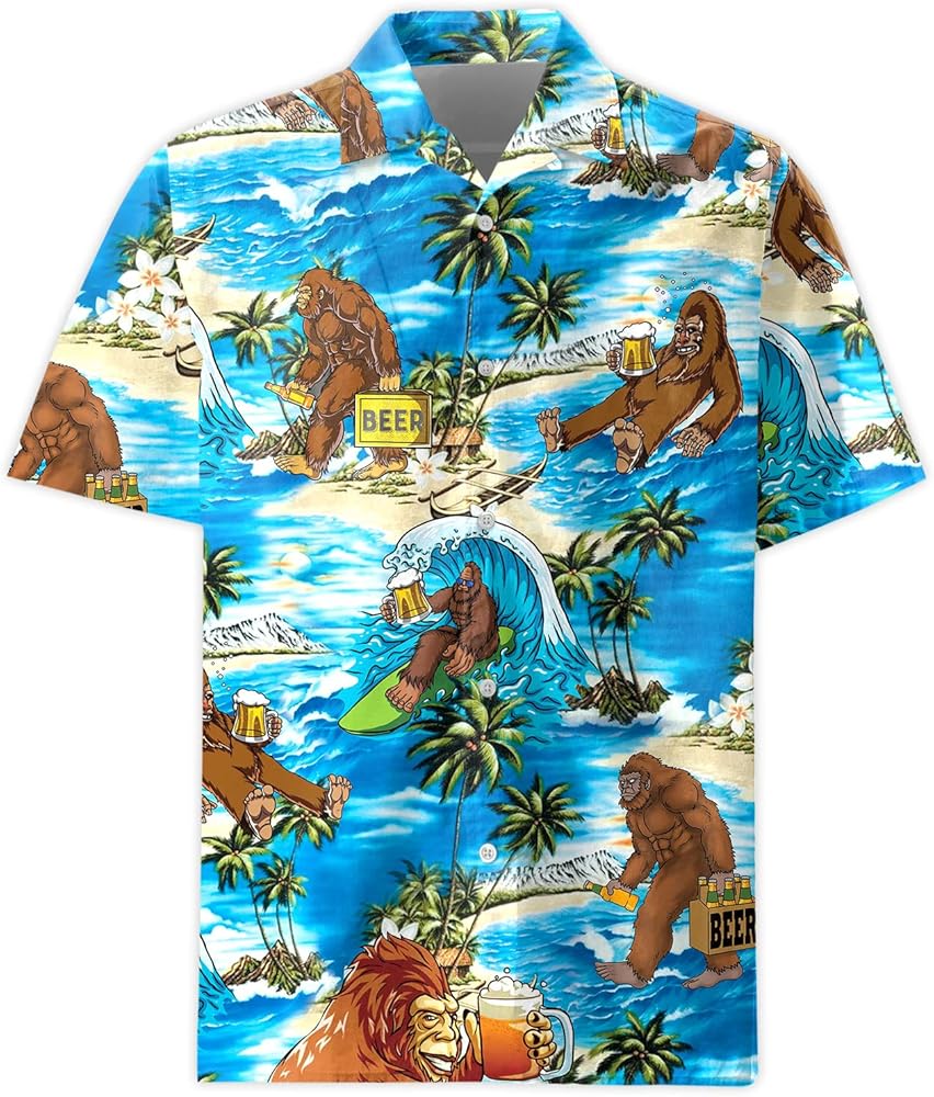 American Bigfoot Hawaiian Shirt for Men, Funny Sasquatch Button Down Mens Hawaiian Shirt Short Sleeve