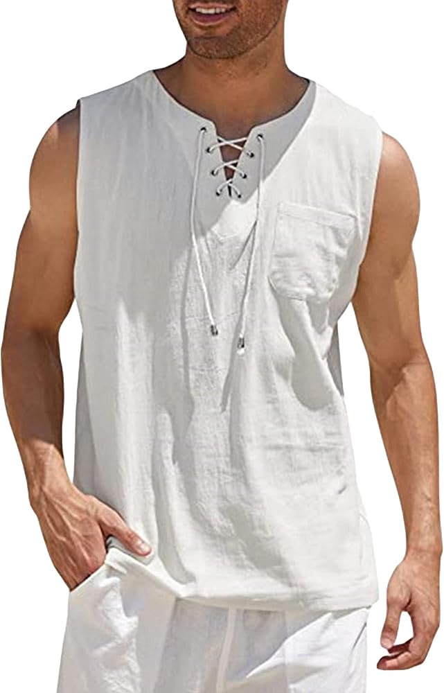 Men's Casual Cotton Linen Tank Top Sleeveless Lace Up Beach Hippie Tee Fashion V Neck Baggy T Shirt