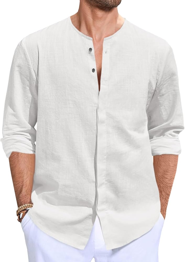 Runcati Mens Linen Button Down Shirt Casual Long Sleeve Crew Neck Summer Beach Hippie Plain Tops