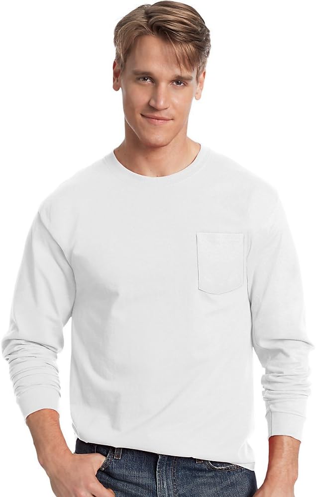 Hanes Men's TAGLESS Long-Sleeve T-Shirt with Pocket_White