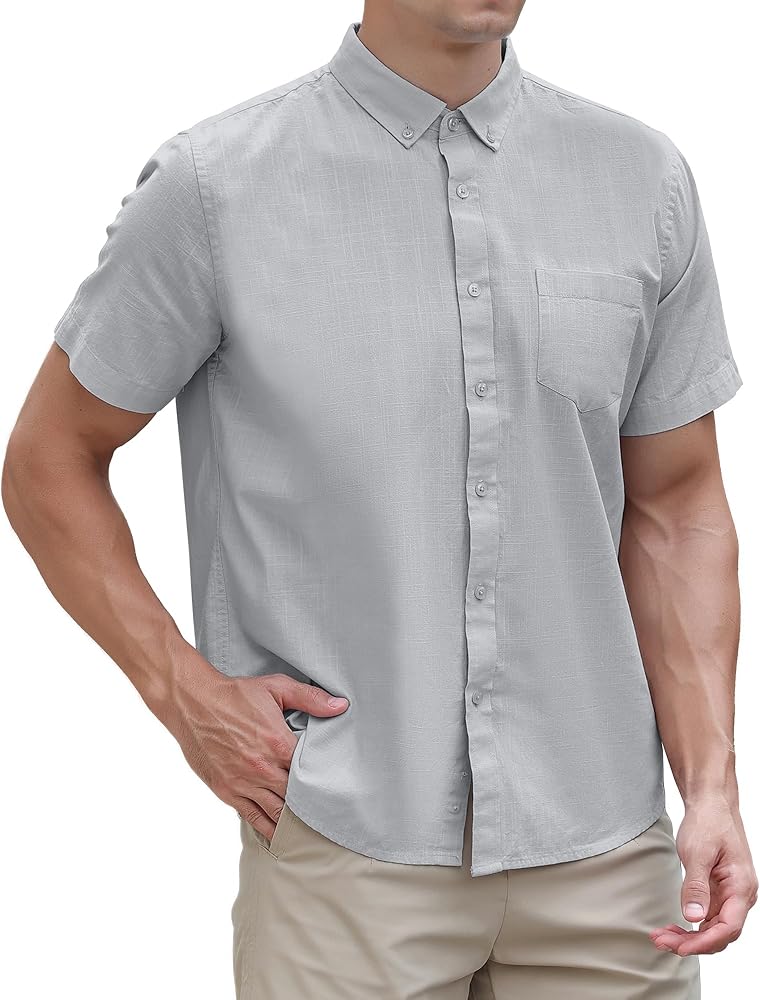 Linen Shirt for Men,Men's Casual Button Down Short Sleeve Shirts with Pockets