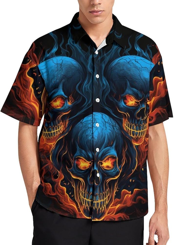 Men's Skull Hawaiian Shirts Flame Skull Print Shirt Button Down Short Sleeve Beach Shirt