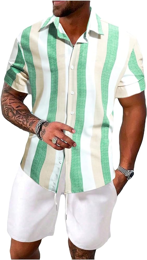 GORGLITTER Men's Hawaiian Matching Set Summer Beach 2 Piece Outfits Flower Button Down Shirts and Shorts Set