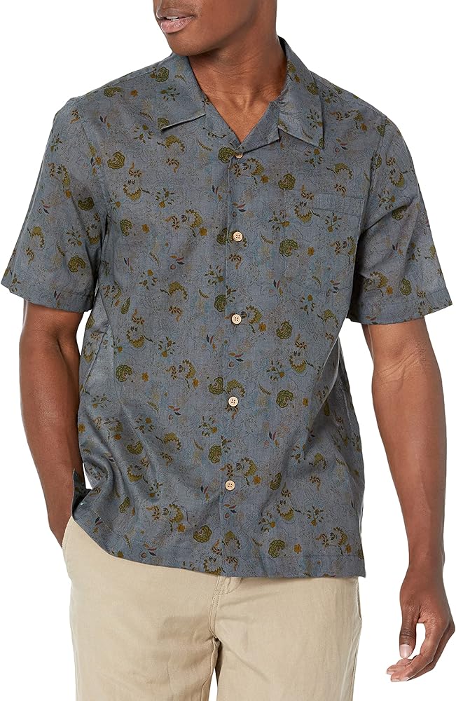 Naked & Famous Denim Men's Aloha Shirt Fit Button Down in Fruit Print-Flora Sketches-Grey Blue