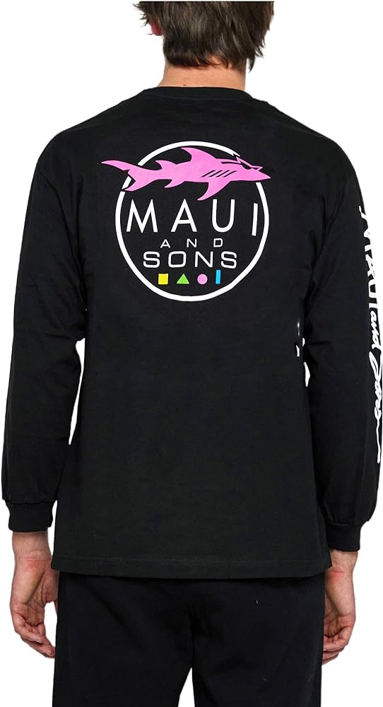 Maui & Sons Men's Long Sleeve T-Shirt, Shark Logo Design - Crewneck Long Sleeve T Shirts for Men, Surfing Lifestyle Clothing