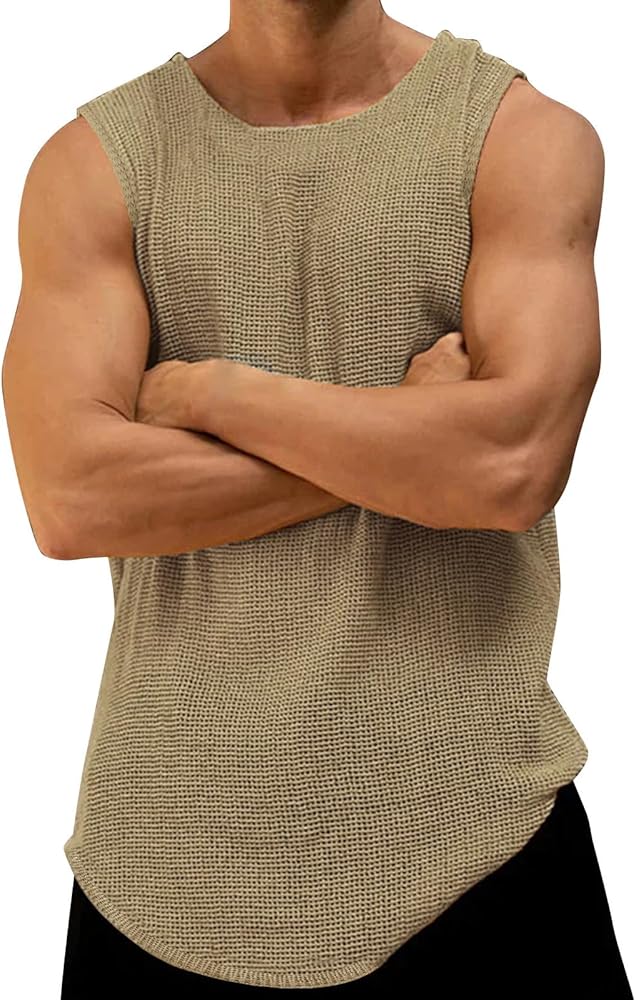 Men's Casual Knit Tank Tops Solid Hollow Breathable Sleeveless Muscle Tee Shirts with Shoulder Quick Dry Beach Tank Shirts