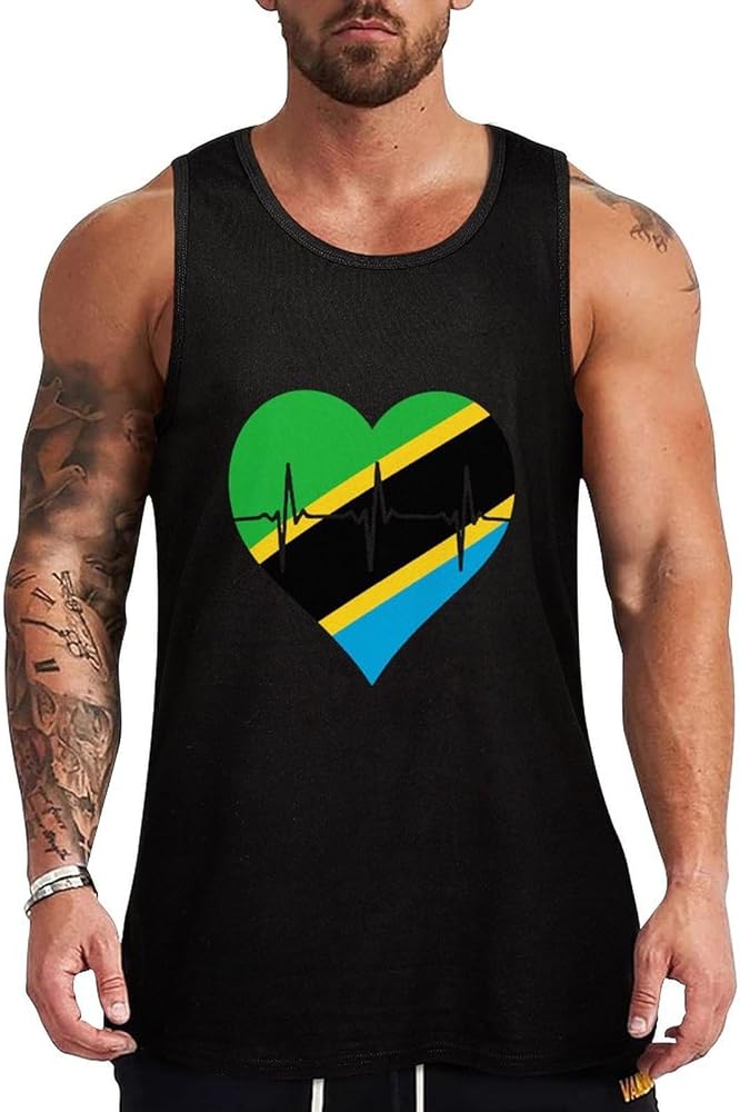 Love Tanzania Heartbeat Breathable Men's Tank Top Soft Muscle Vest T-Shirts Quick Dry Sleeveless Fitness Tee