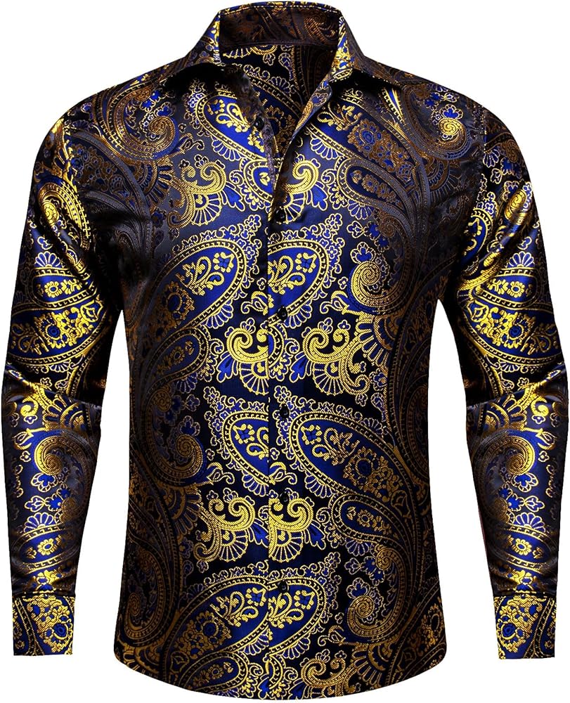 YOHOWA Men's Silk Shirt Paisley Flower Relaxed Fit Long Sleeve Woven Button Down Dress Shirts Formal Party Wedding