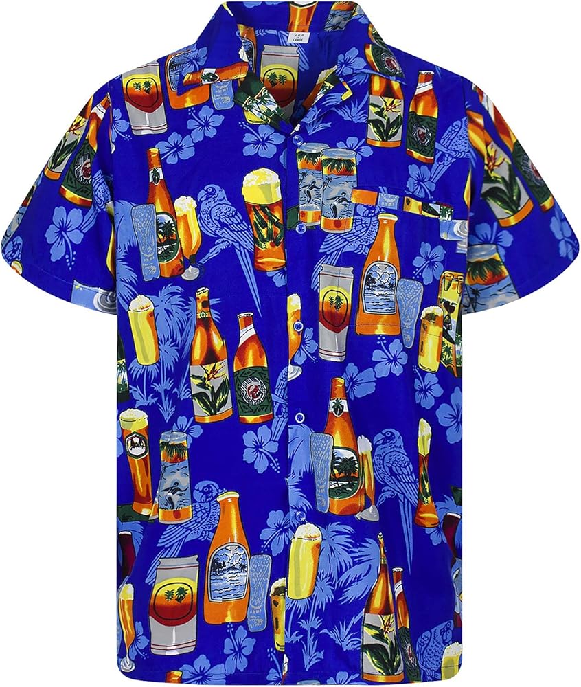 Funky Hawaiian Shirt Men Short Sleeve Front-Pocket Beerbottle Multiple Colors