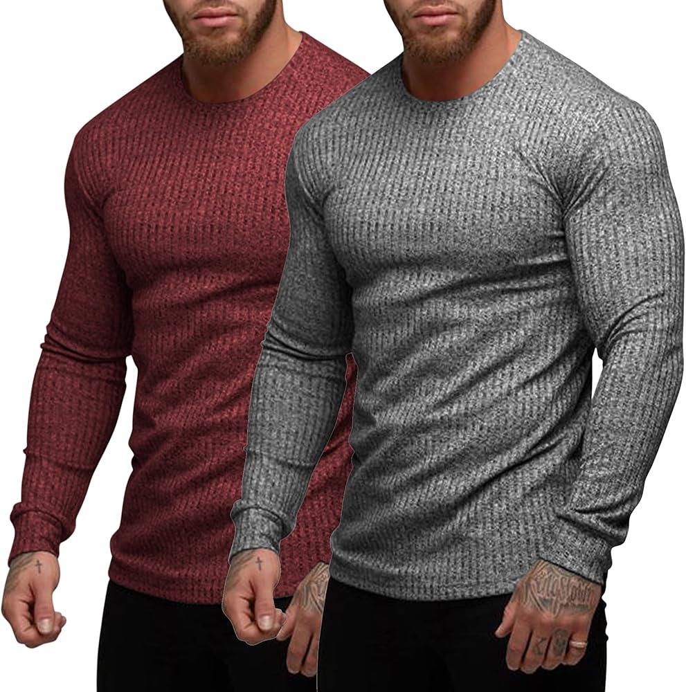 COOFANDY Men's 2 Pack Muscle T-Shirt Stretch Long Sleeve Gym Workout Bodybuilding Training Tee Shirts Casual Hipster Tops