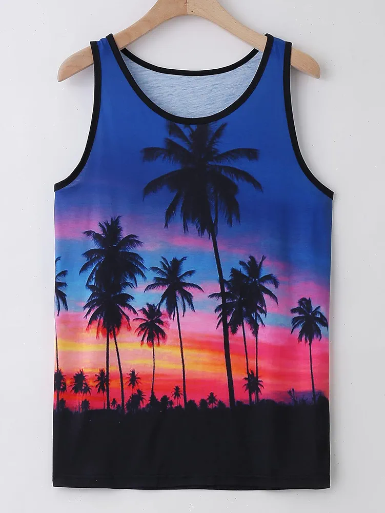 Men's T-Shirts Men Tropical Print Tank Top T-Shirts for Men T-Shirts (Color : Multicolor, Size : X-Large)