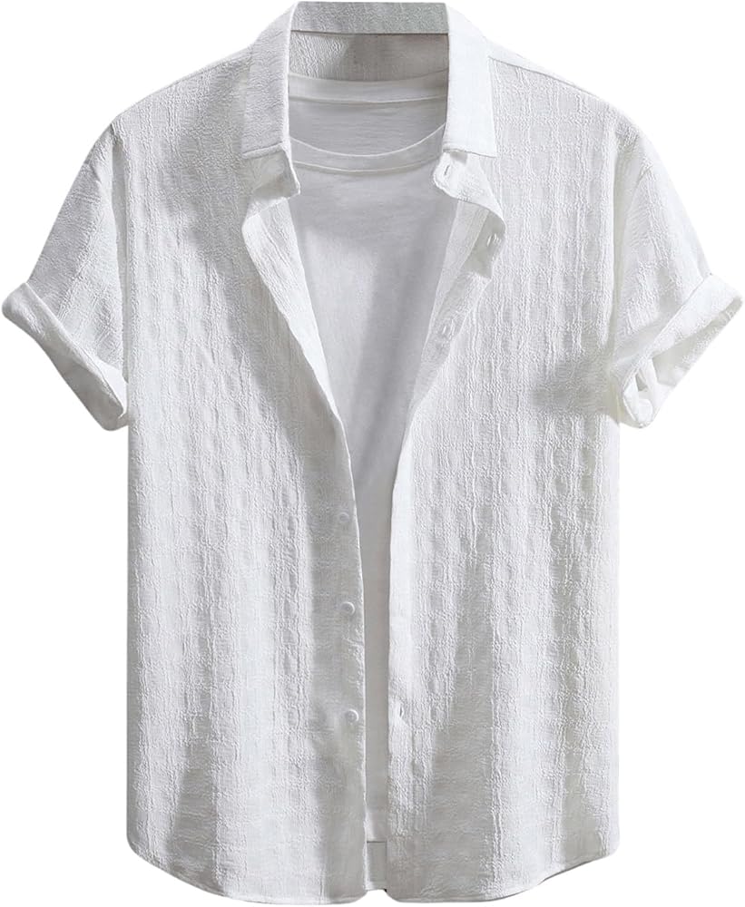 Verdusa Men's Textured Button Down Shirt Collared Neck Short Sleeve Top