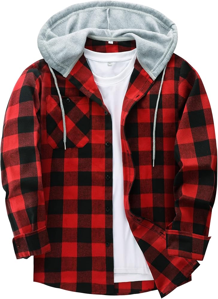 Men's Flannel Shirt Plaid Hoodie Long Sleeve Fall Casual Button Down Shirts