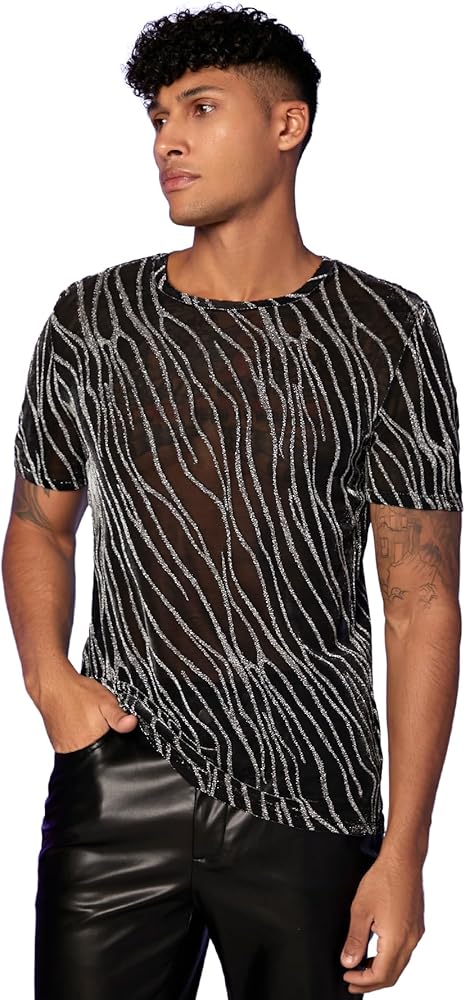 WDIRARA Men's Marble Print Glitter Mesh Sheer Short Sleeve Tee Top Round Neck T Shirt Multicolor XXL