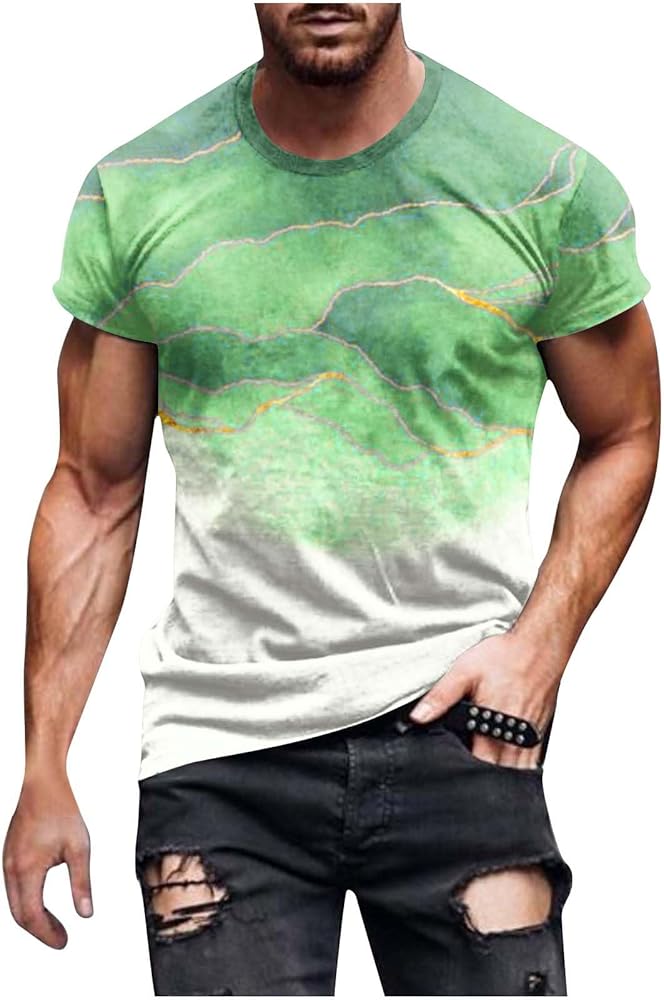 Mens Summer Shirts Fashion Casual Short Sleeve Pullover Tops Loose Fit Round Neck Blouses Digital Print T-Shirts