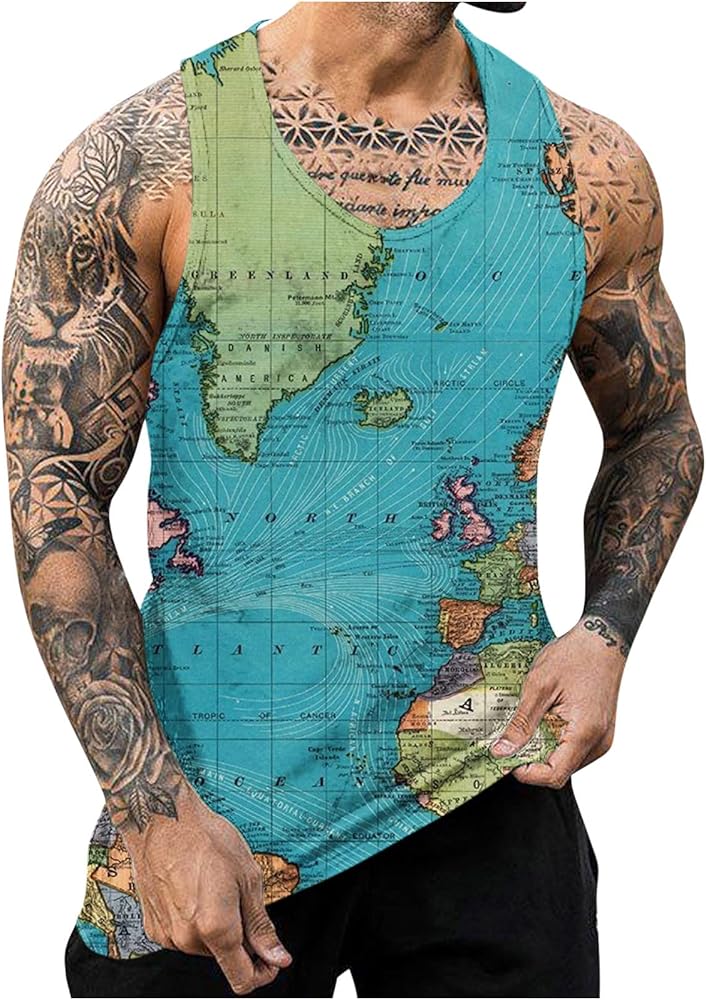 Funny Tank Tops for Men 3D Map Graphic Print Shirts Tanks U Neck Scoop Neck Asymmetrical T Shirts Sports Boat Shirt