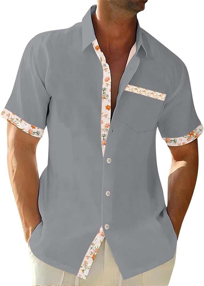 Hawaiian Shirt for Men V Neck Short Sleeve Aloha Shirts Stretch Button Down Tops Summer Beach Blouses with Pocket