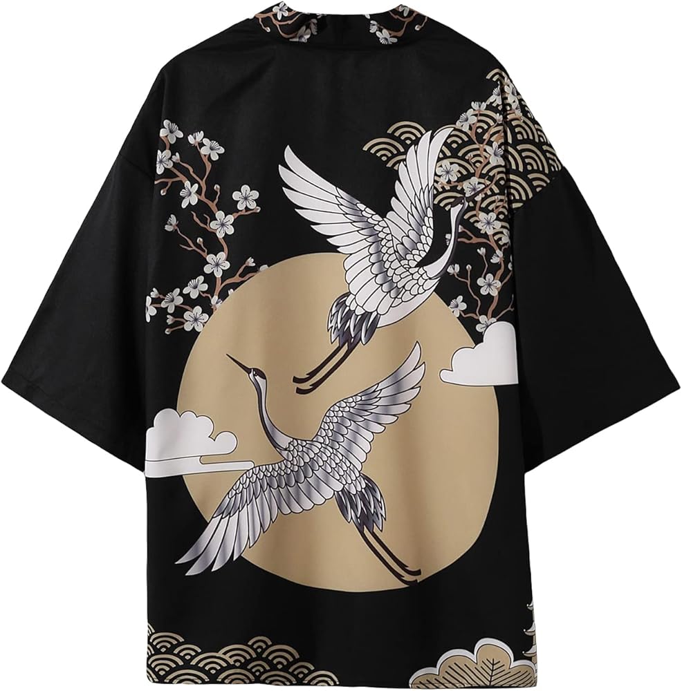 WDIRARA Men's Floral and Crane Print Japanese Style Kimono Tee