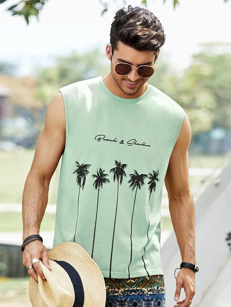 Men's T-Shirts Men Letter & Tropical Print Tank Top T-Shirts for Men (Color : Mint Green, Size : XX-Large)