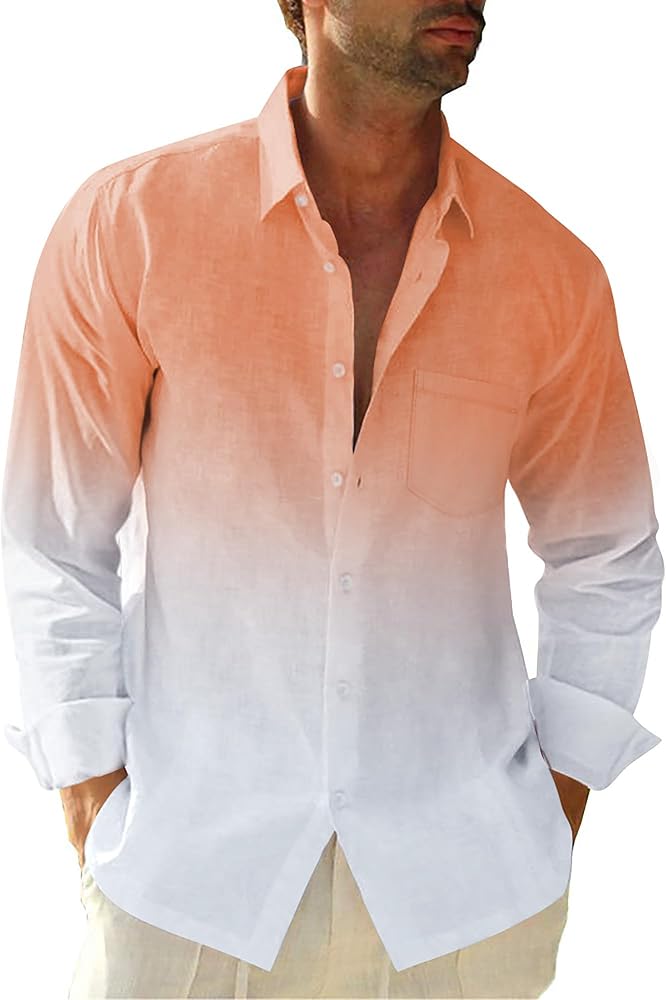 Mens Gradient Linen Shirts Casual Button Down Long Sleeve Hippie Shirts