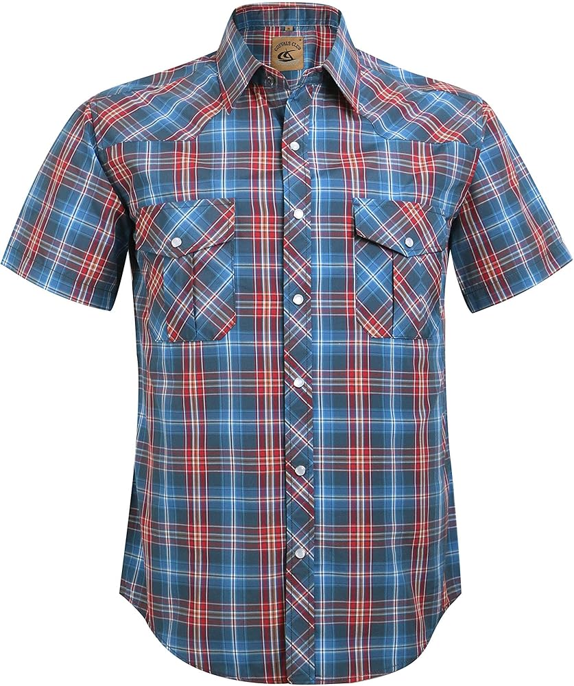 Men's Western Cowboy Pearl Snap Button Shirts Plaid Solid Short Sleeve Pocket Shirt