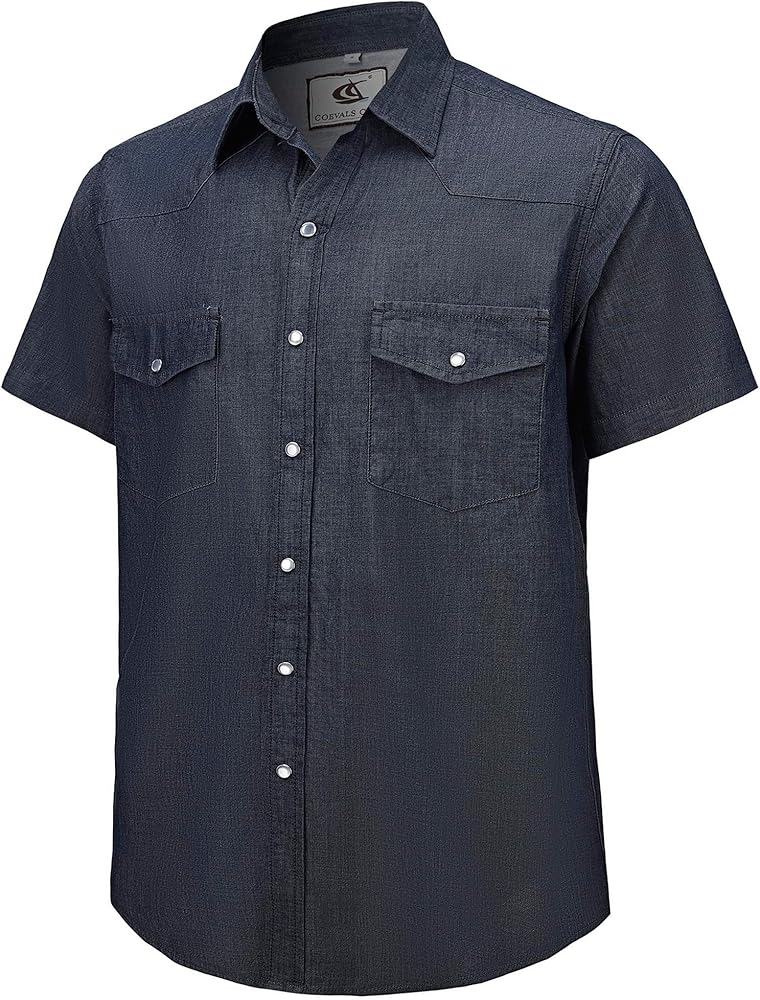 COEVALS CLUB Mens Denim Shirt Western Cowboy Work Pearl Snap Button up Short Sleeve Regular Fit Shirts