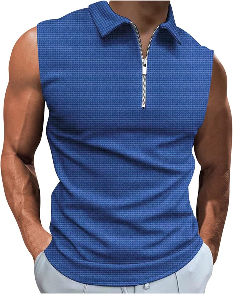 Muscularfit Men's Polo Shirts Casual Loose Sleeveless Waffle Zipper T Shirt Summer Slim Fit Solid Color Tank Tops Vest 2023