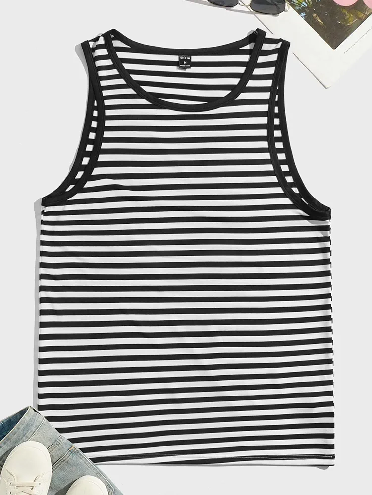 Men's T-Shirts Men Striped Tank Top T-Shirts for Men (Color : Black and White, Size : X-Large)