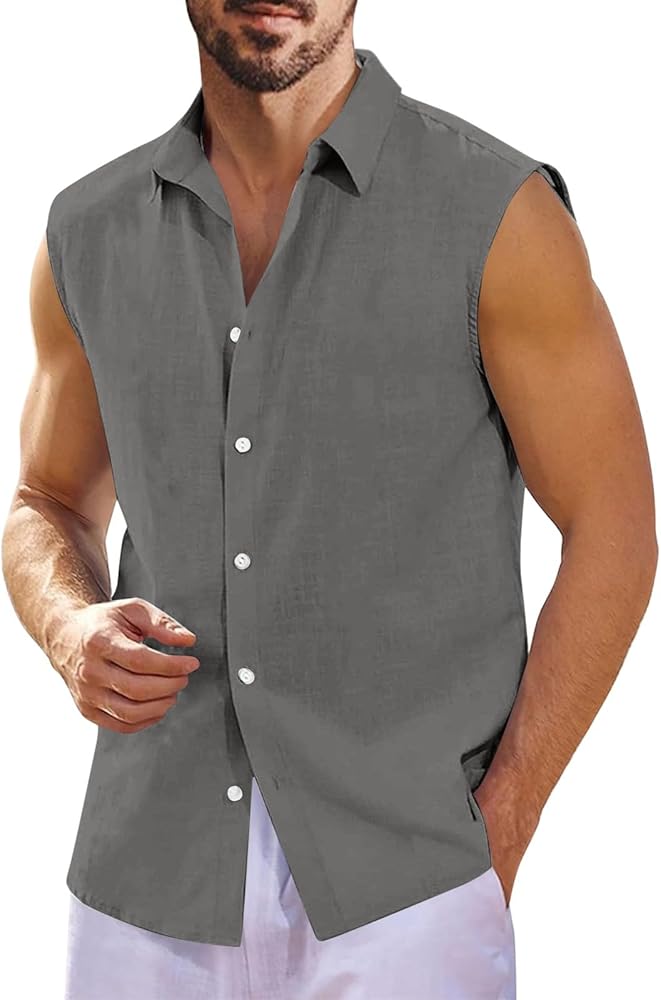 Mens Cotton Linen Tank Tops Solid Sleeveless Lightweight Beach Tops Summer Casual Button Down Shirt