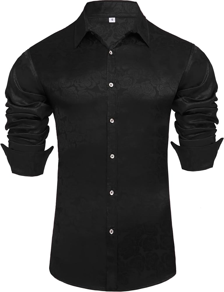 Daupanzees Mens Long Sleeve Fashion Rose Design Jacquard Dress Shirt