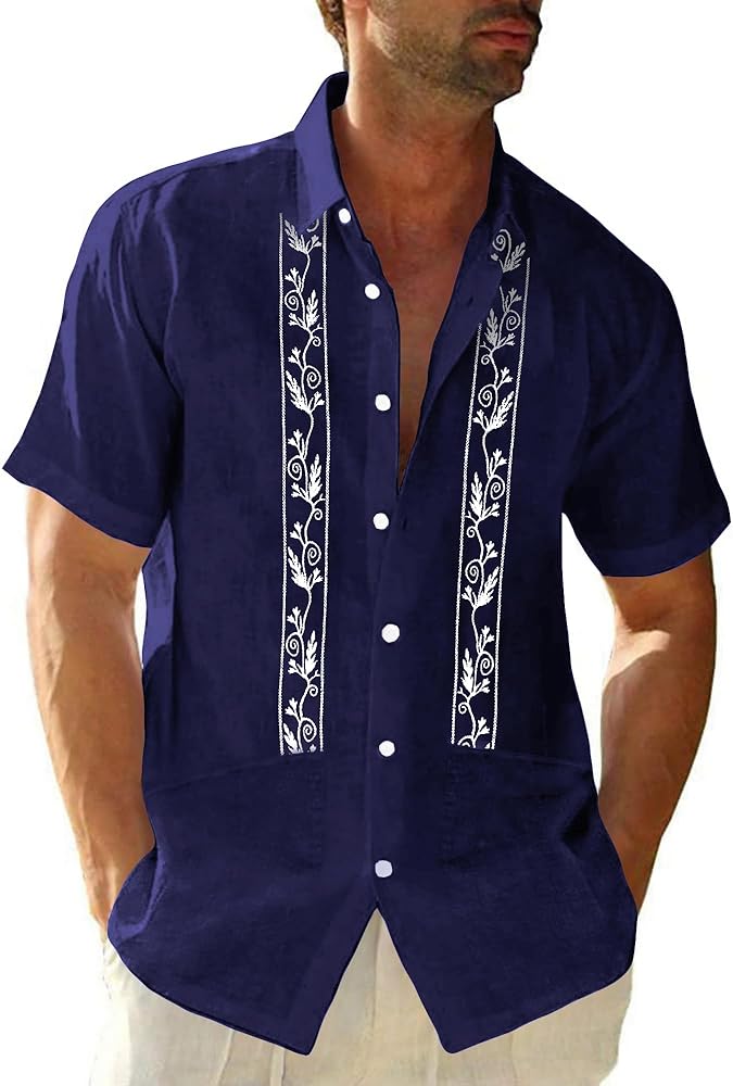 Mens Cuban Guayabera Shirts Cotton Linen Short Sleeve Shirt Casual Hippie Beach Button Down Pocket Shirt