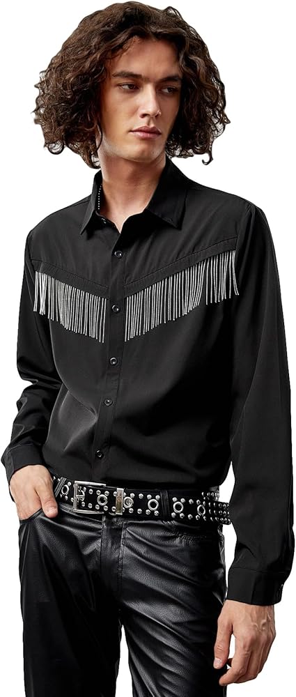 OYOANGLE Men's Fringe Trim Long Sleeve Button Down Shirts Top