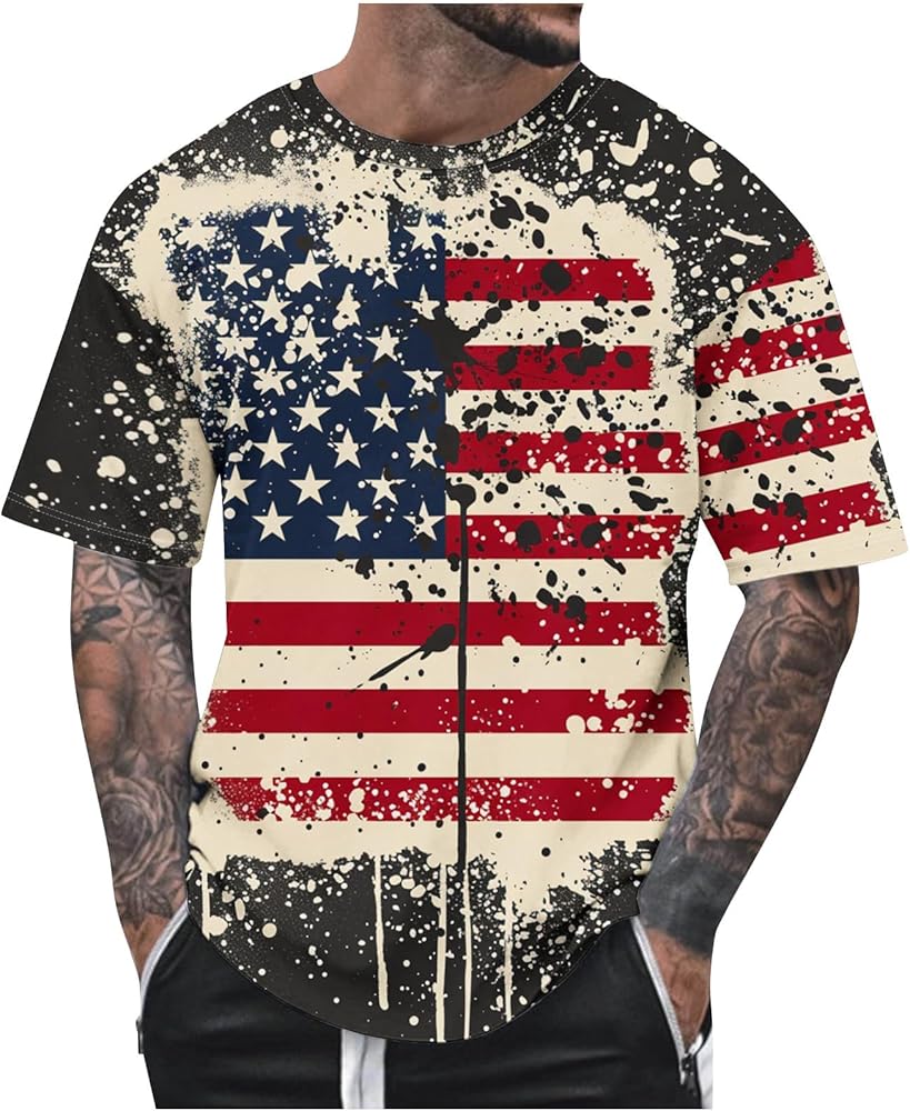 Men's 4th of July T-shirts Summer Plus Size Tops American Flag Print Graphic Tee Casual Crew Neck Lightweight Top