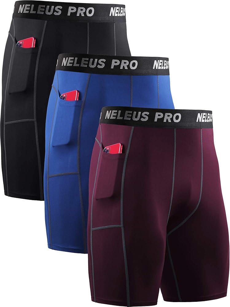 NELEUS Men's Compression Short with Pocket Dry Fit Yoga Running Shorts Pack of 3