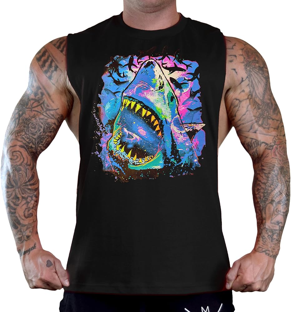 Men's Neon Black Light Cosmo Shark Black Sleeveless T-Shirt Tank Top