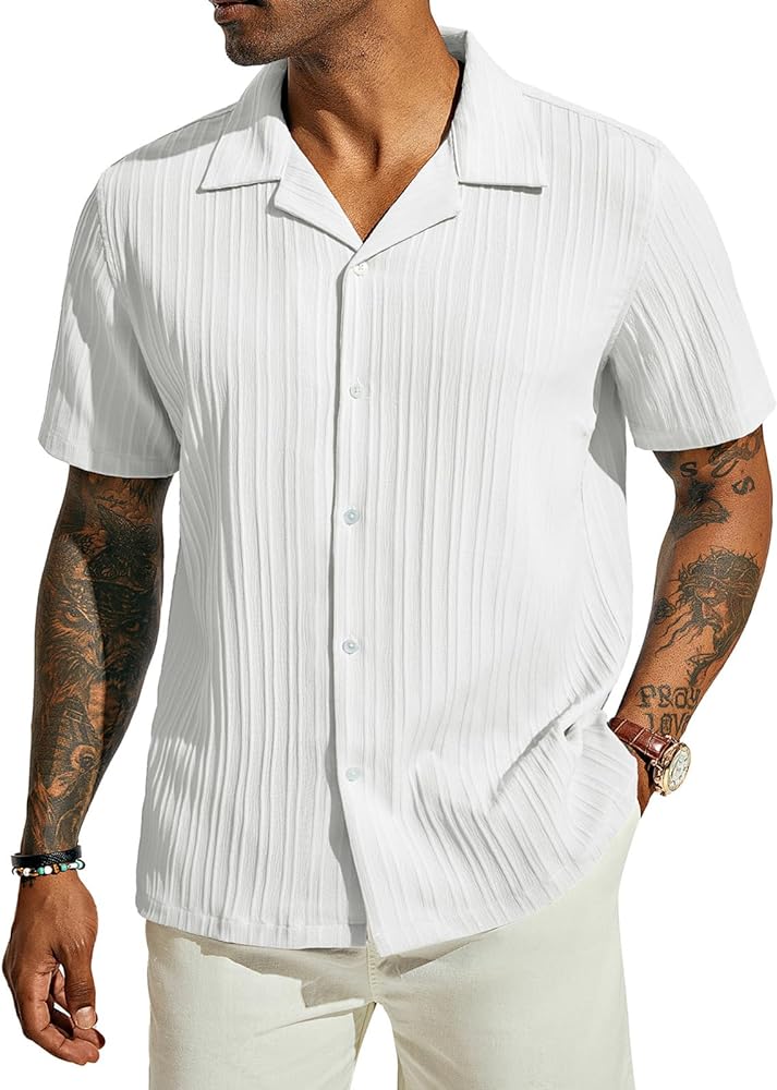 PJ PAUL JONES Men's Casual Button Down Shirts Short Sleeve Summer Shirts Wrinkle-Free Shirts Textured Beach Shirts