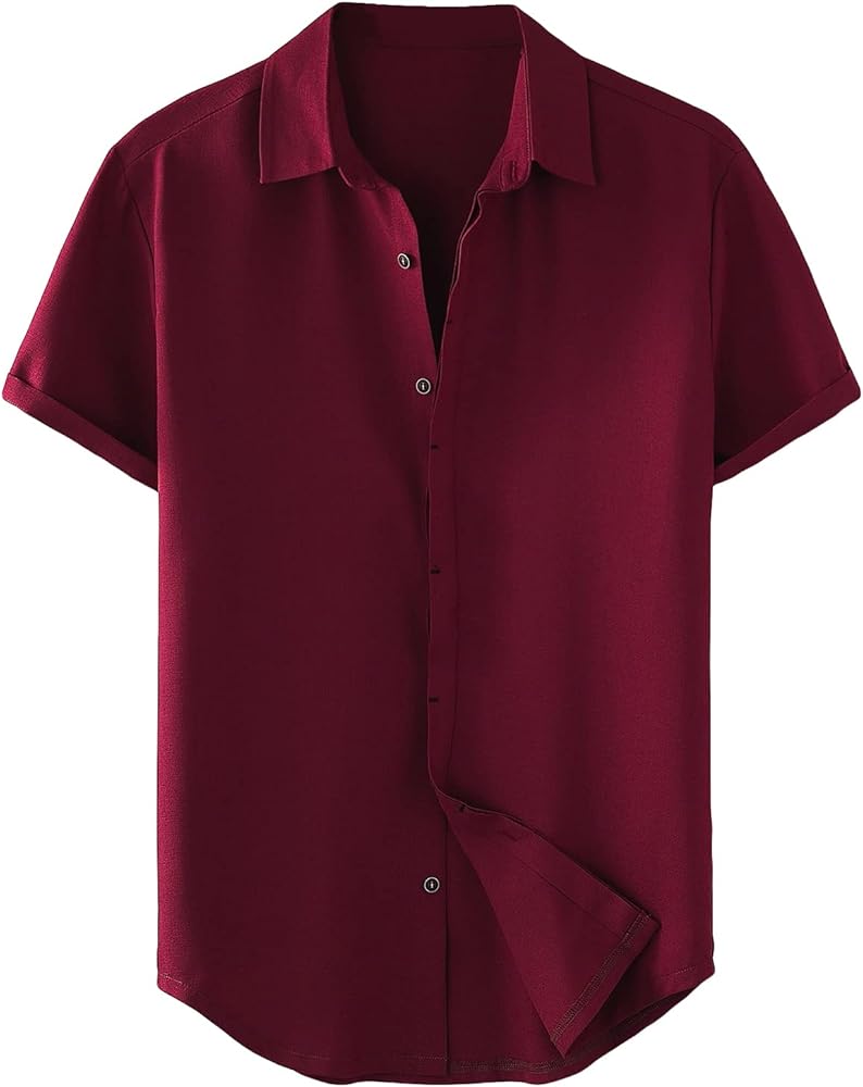 SOLY HUX Men's Short Sleeve Button Down Shirts Casual Dress Going Out Camp Tops Burgundy Solid S