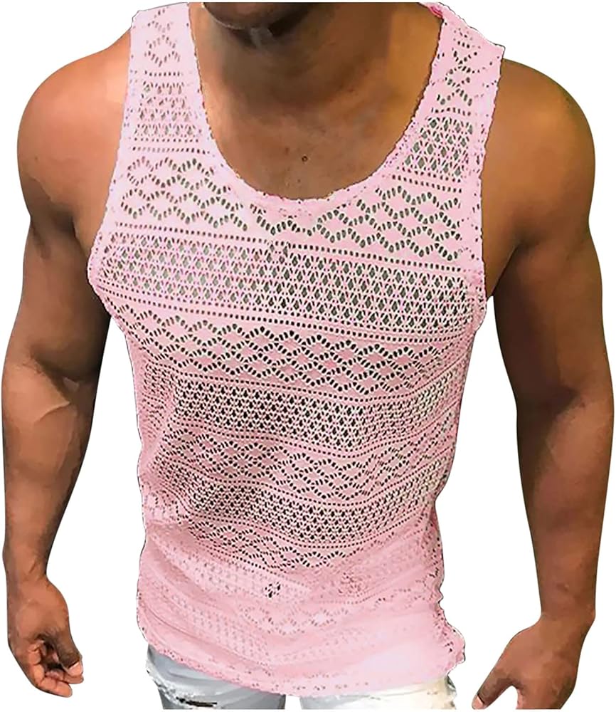 Muscularfit Tank Top for Men Sexy Hollow Out Knit Sleeveless Basic Tank Shirt Casual Crewneck Summer Vacation Tropical Shirts