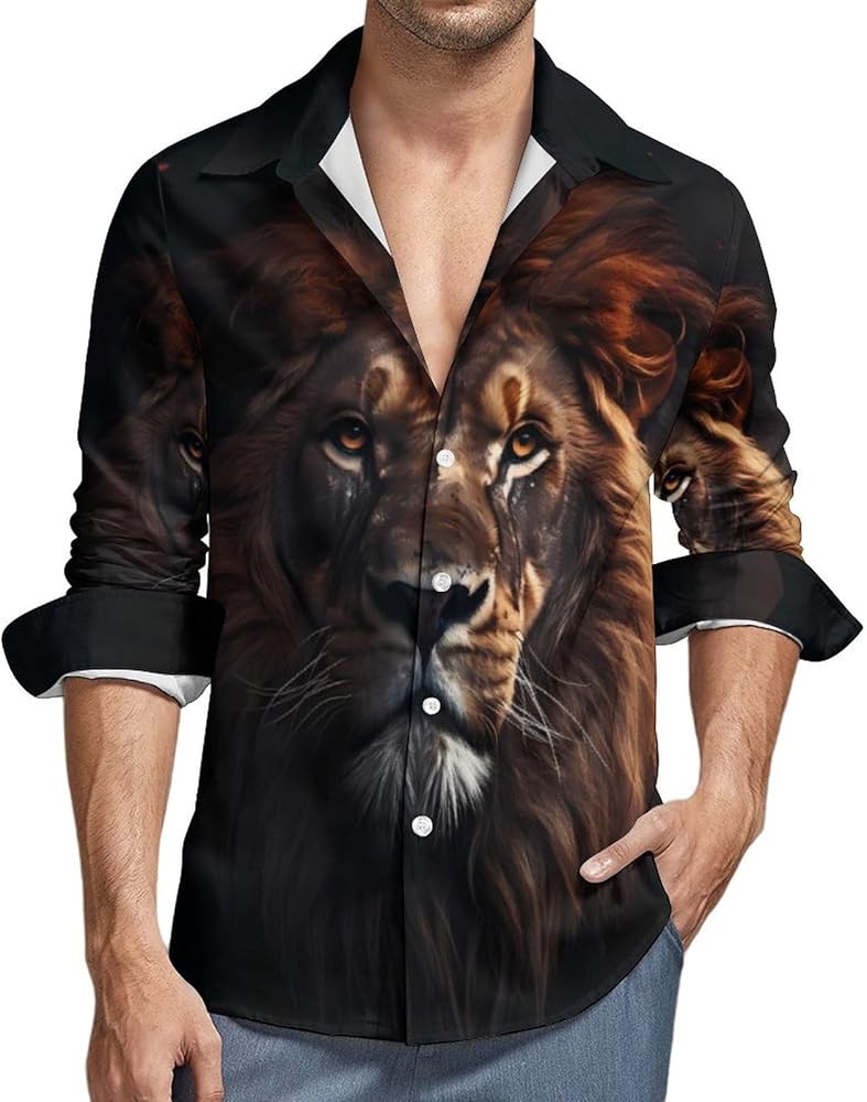 Animal King Lion Hawaiian Shirt for Men Long Sleeve Button Down Beach Tops Dress Shirt