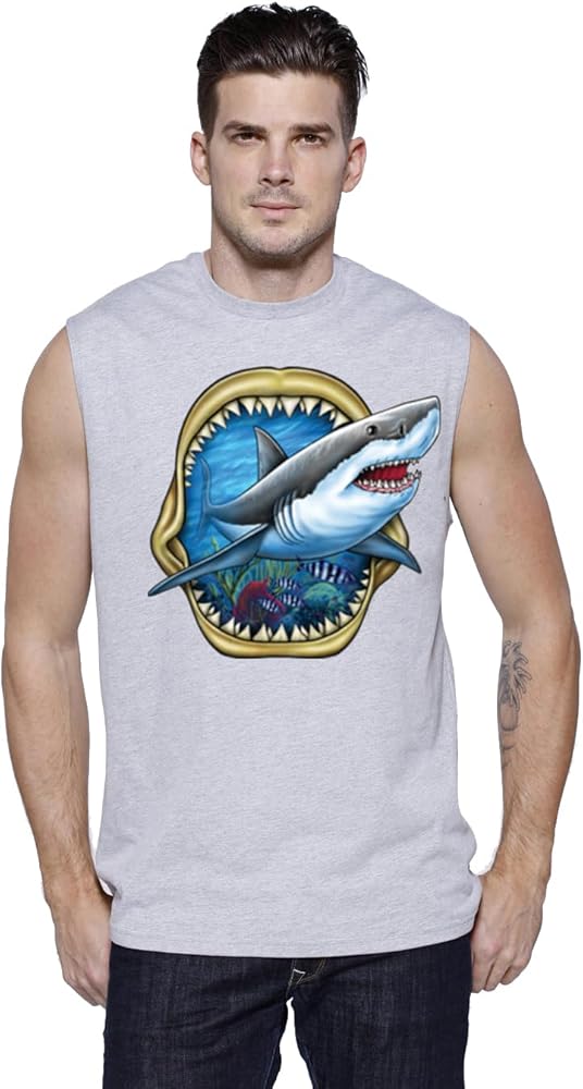 Great White Shark Mens Sleeveless T-Shirt Muscle Tee Tank Top Gray