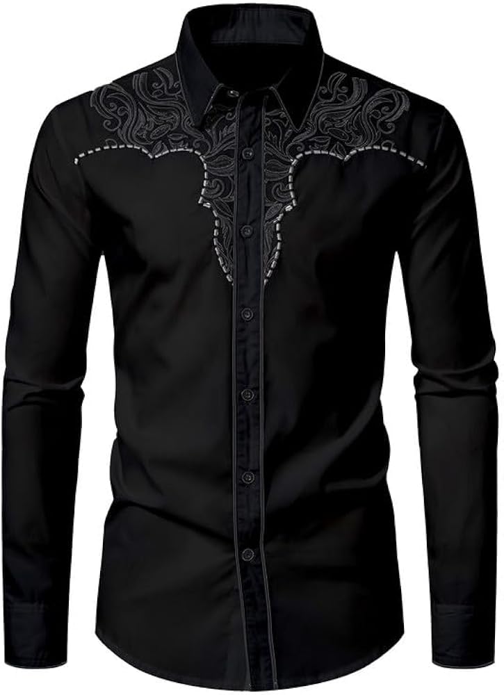 KISSQIQI Mens Western Cowboy Shirt Casual Button Down Long Sleeve Embroidered Shirts Fashion Slim Fit Design Shirts