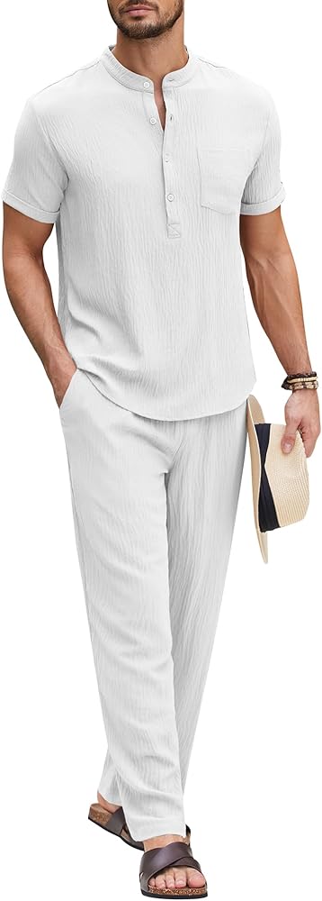 COOFANDY Men's 2 Pieces Cotton Linen Set Casual Short Sleeve Henley Shirts Beach Yoga Pants Summer Outfits