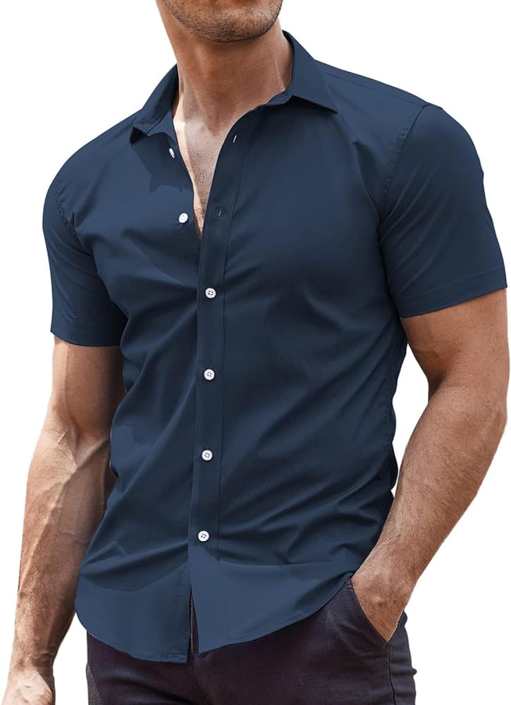 COOFANDY Men's Muscle Fit Dress Shirts Wrinkle-Free Short Sleeve Casual Button Down Shirt