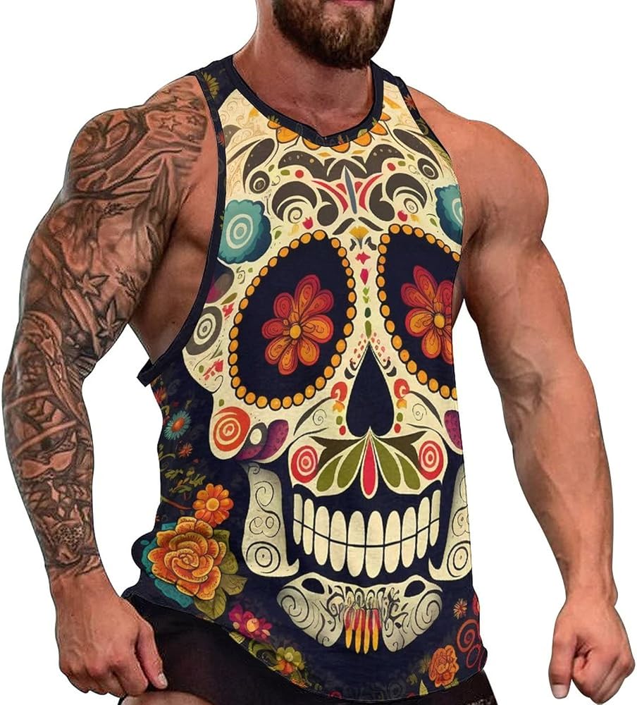 Men's Funny Skull Tank Tops 3D Printed Cool Novelty Colorful Flowers Graphic Sleeveless Summer Beach T-Shirt XL