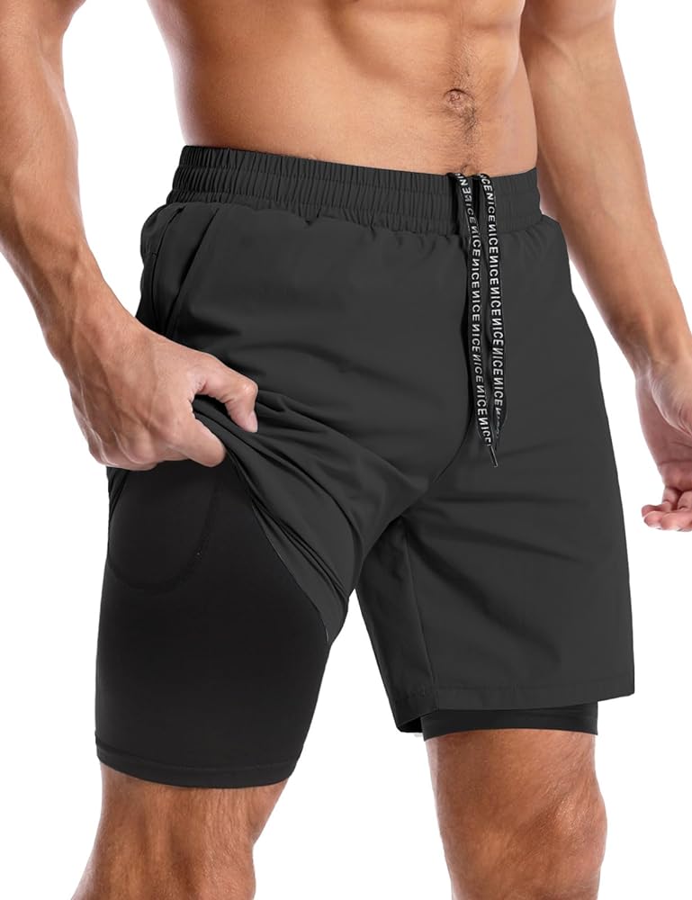 Aolesy Men’s 2 in 1 Running Shorts -7'' Quick Dry Workout Gym Shorts with Pockets, Tennis Training Athletic Shorts with Liner