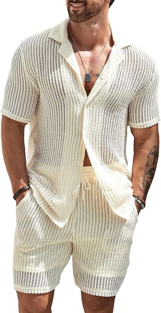 Verdusa Men's 2 Piece Outfit Hollow Out Knit Button Up Shirt and Knit Short Sets