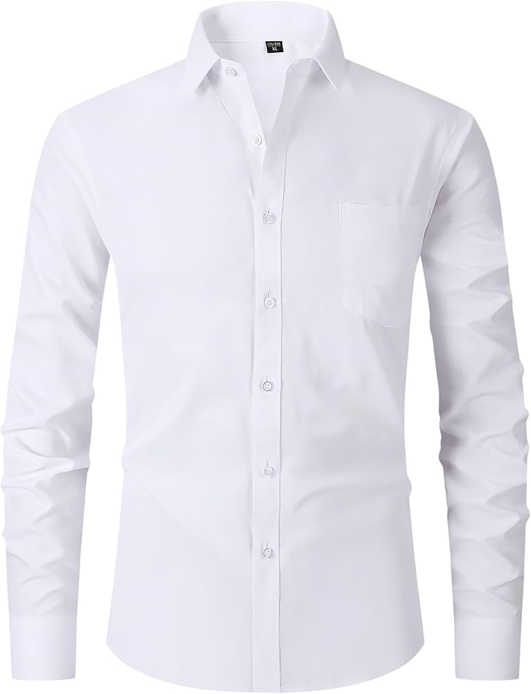 Men's Slim Fit Long Sleeve Button Down Solid Dress Shirts, White