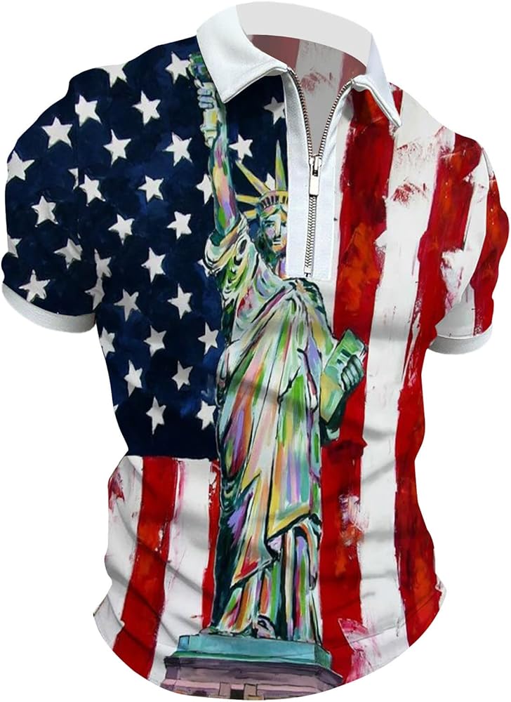 Tall Size Shirts for Men Mens Shirts USA Flag Short Sleeve 1/4 Zipper Blouse Independence Day Casual Lightweight