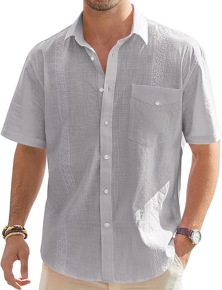 J.VER Men's Linen Cotton Shirt Casual Button Up Short Sleeve Embroidery Shirt with Pocket